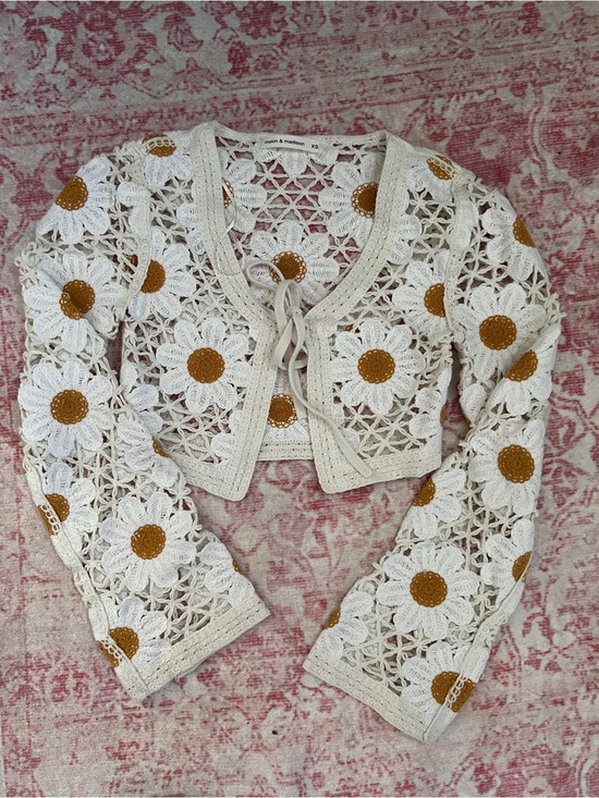 moon & madison Sweaters - moon & madison Crochet Daisy Tie-Front Cardigan in Cream and Mustard